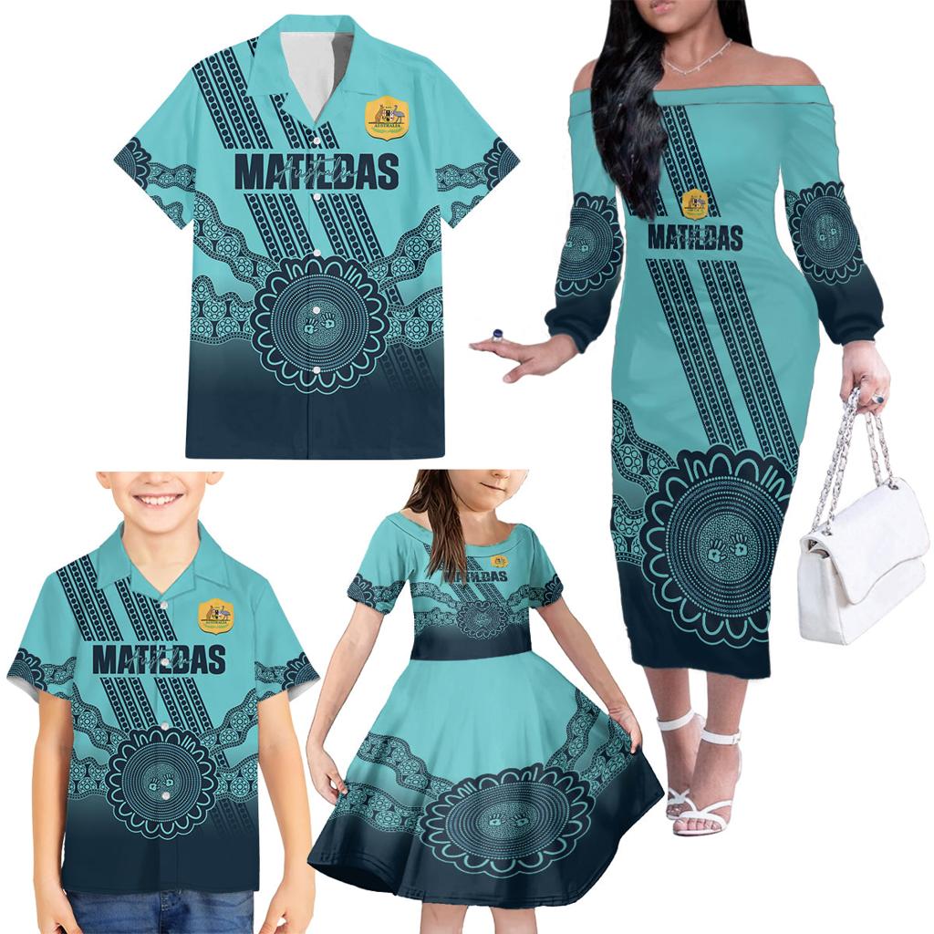 Custom Australia Matildas Family Matching Off The Shoulder Long Sleeve Dress and Hawaiian Shirt Aussie Aboriginal Turquoise Version