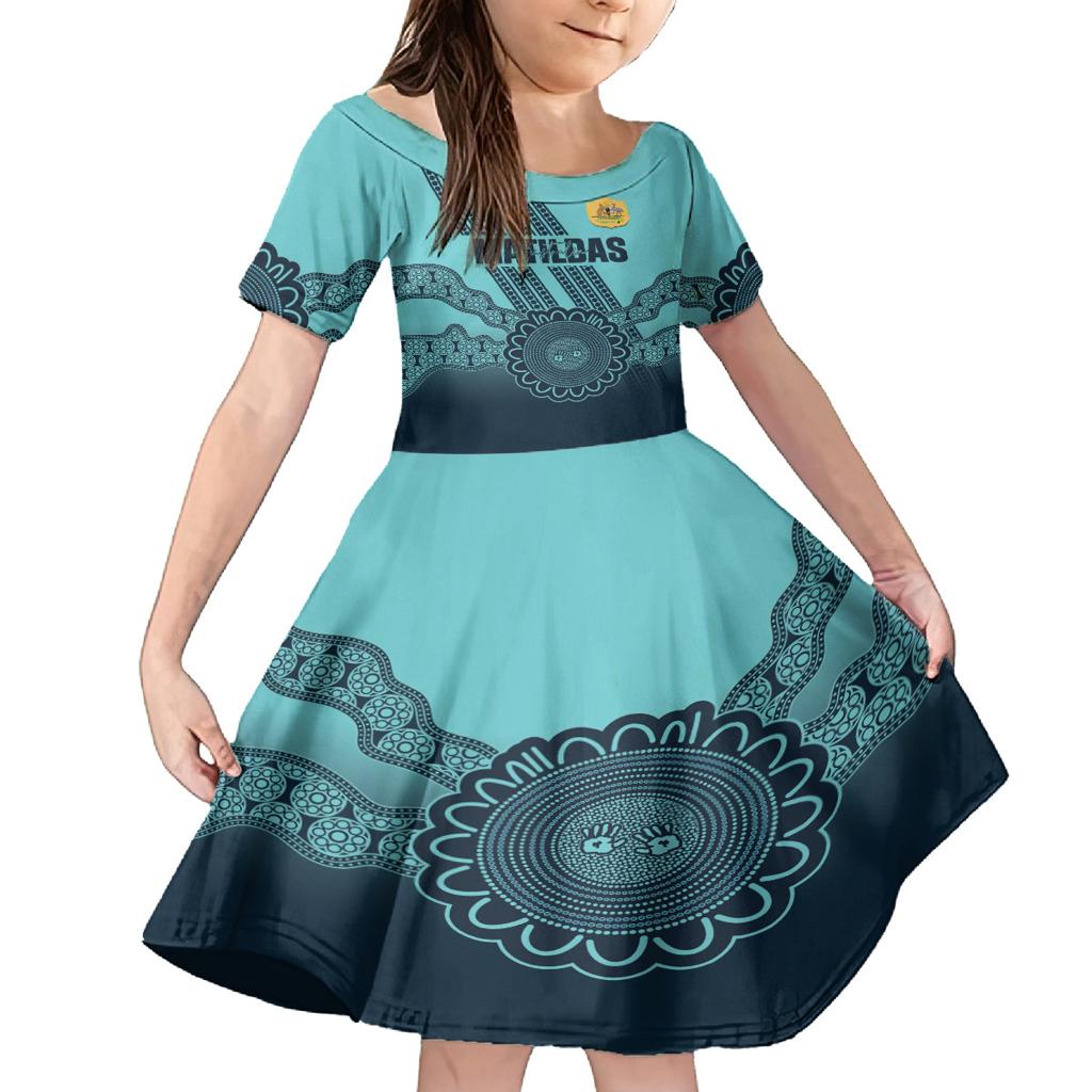 Custom Australia Matildas Family Matching Off The Shoulder Long Sleeve Dress and Hawaiian Shirt Aussie Aboriginal Turquoise Version