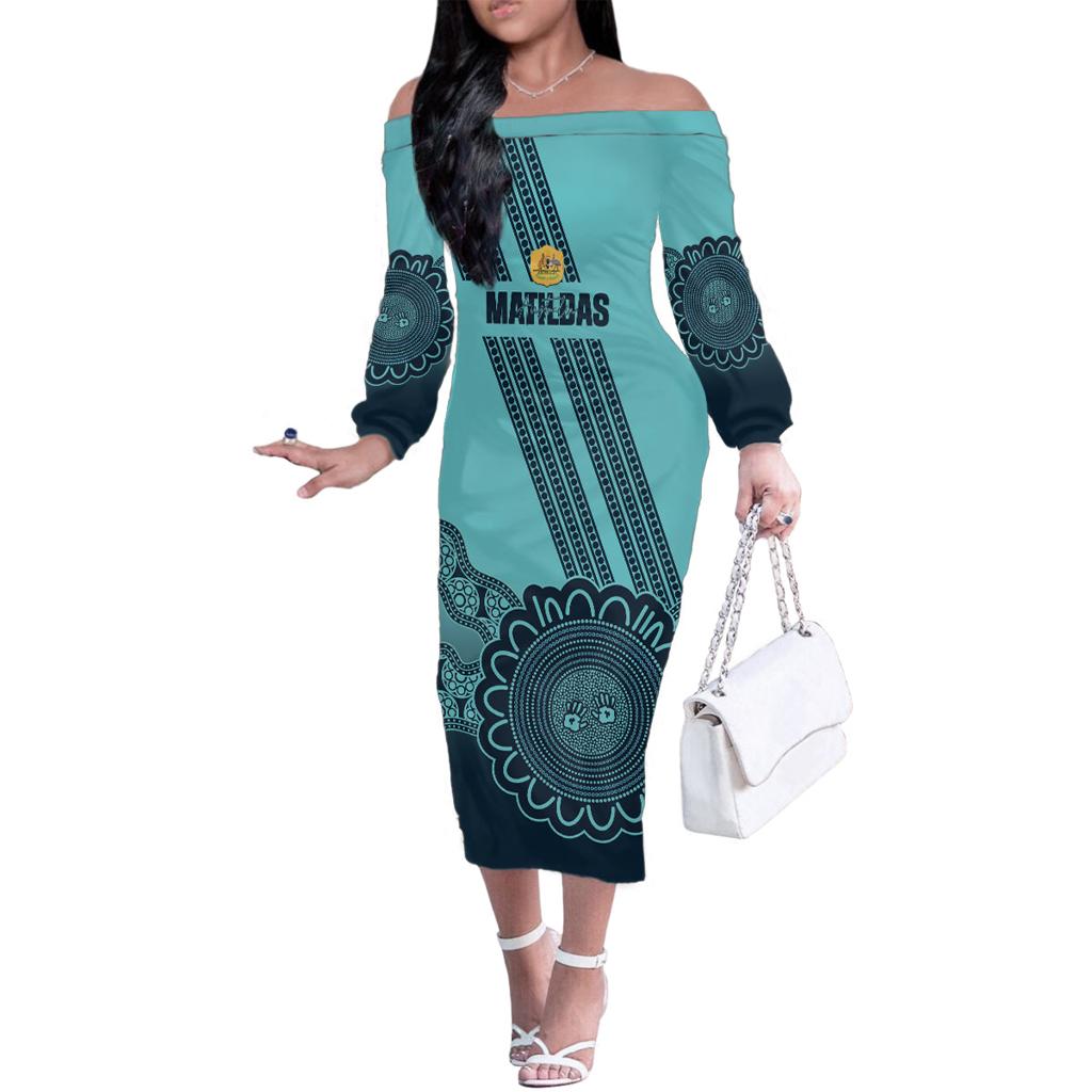 Custom Australia Matildas Family Matching Off The Shoulder Long Sleeve Dress and Hawaiian Shirt Aussie Aboriginal Turquoise Version