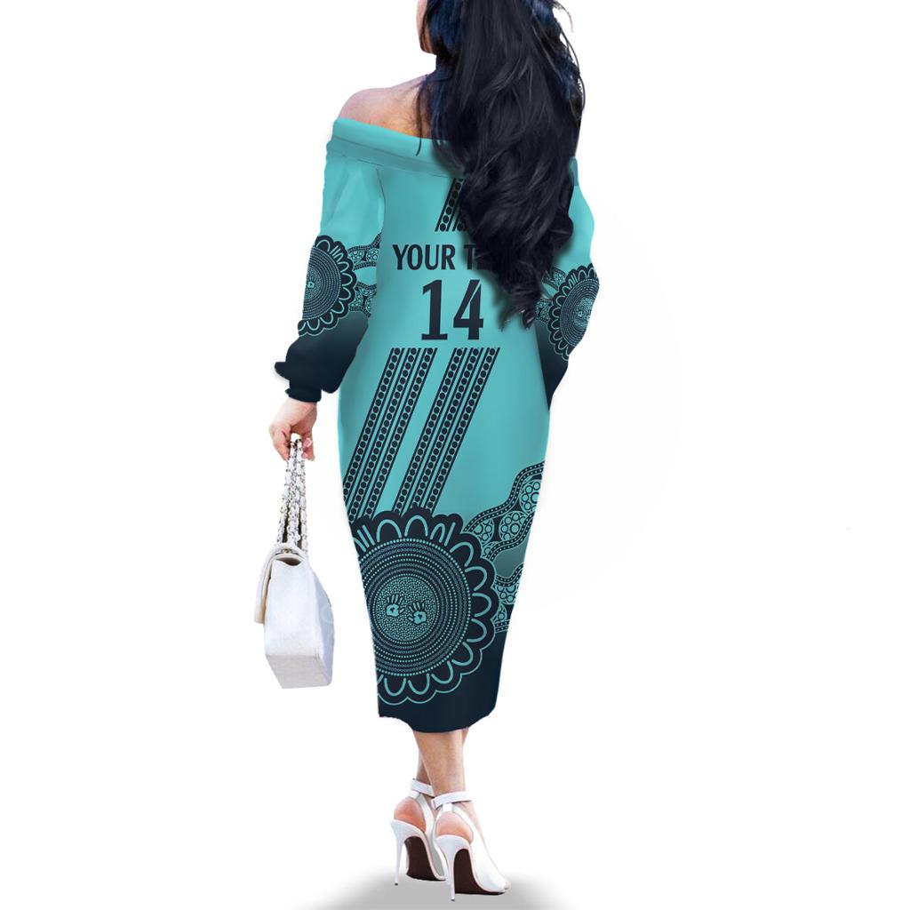 Custom Australia Matildas Family Matching Off The Shoulder Long Sleeve Dress and Hawaiian Shirt Aussie Aboriginal Turquoise Version