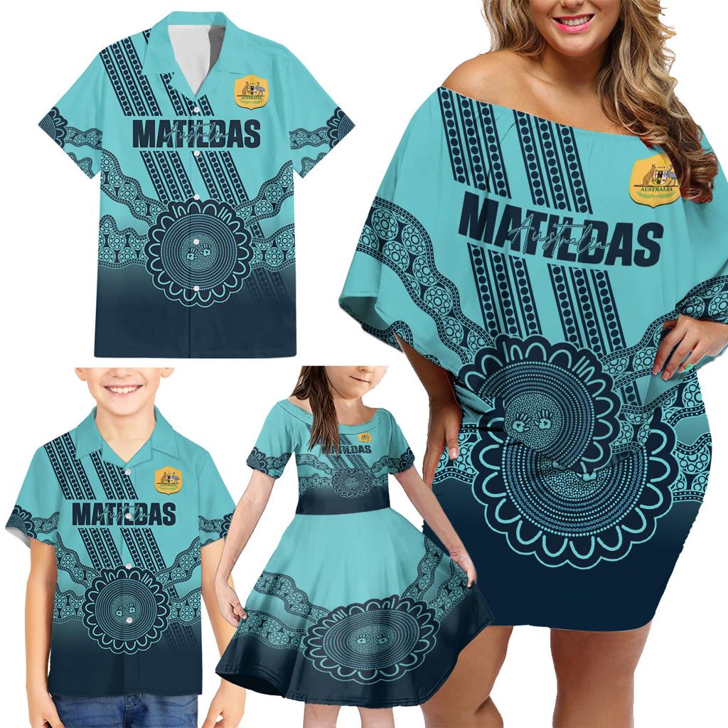 Custom Australia Matildas Family Matching Off Shoulder Short Dress and Hawaiian Shirt Aussie Aboriginal Turquoise Version