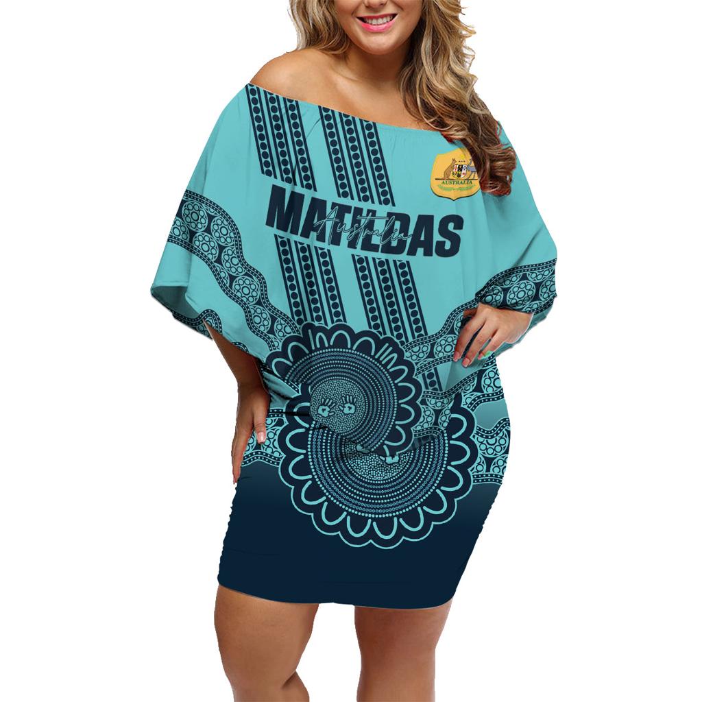 Custom Australia Matildas Family Matching Off Shoulder Short Dress and Hawaiian Shirt Aussie Aboriginal Turquoise Version