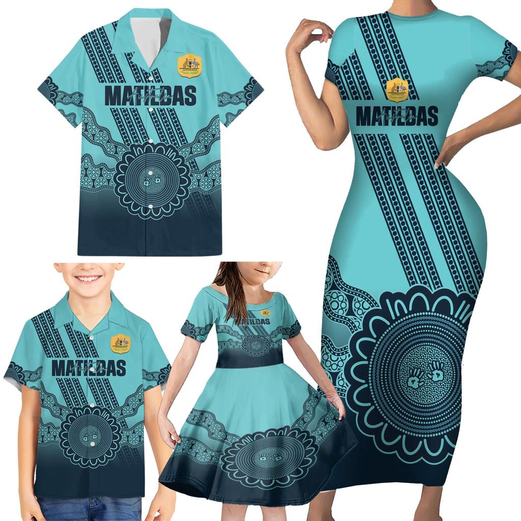 Custom Australia Matildas Family Matching Short Sleeve Bodycon Dress and Hawaiian Shirt Aussie Aboriginal Turquoise Version