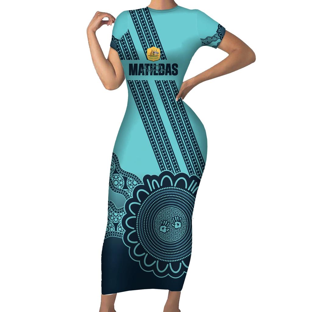 Custom Australia Matildas Family Matching Short Sleeve Bodycon Dress and Hawaiian Shirt Aussie Aboriginal Turquoise Version