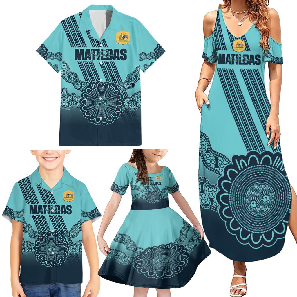 Custom Australia Matildas Family Matching Summer Maxi Dress and Hawaiian Shirt Aussie Aboriginal Turquoise Version