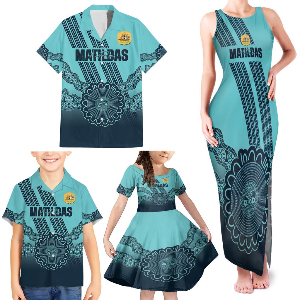 Custom Australia Matildas Family Matching Tank Maxi Dress and Hawaiian Shirt Aussie Aboriginal Turquoise Version