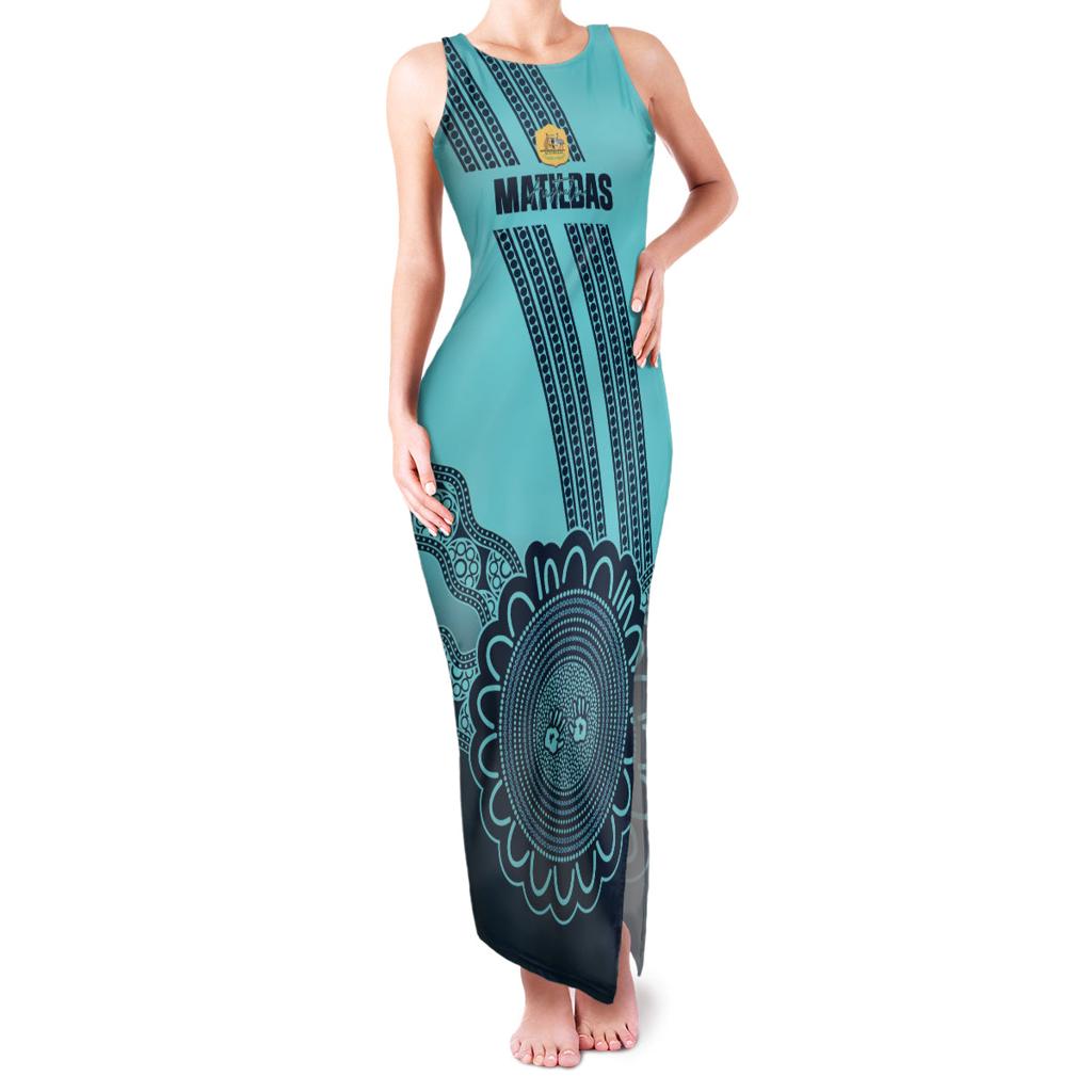 Custom Australia Matildas Family Matching Tank Maxi Dress and Hawaiian Shirt Aussie Aboriginal Turquoise Version