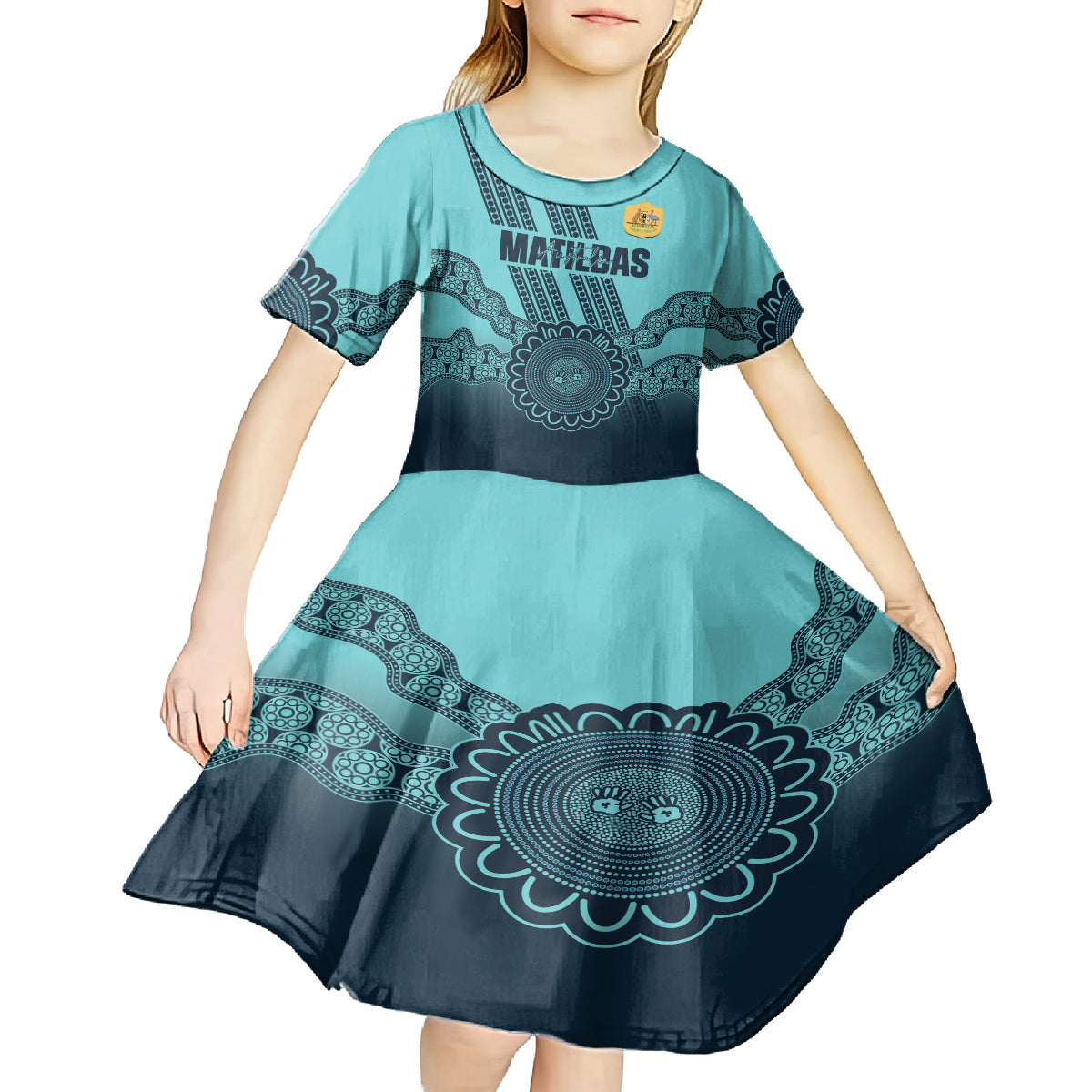 Custom Australia Matildas Kid Short Sleeve Dress Aussie Aboriginal Turquoise Version