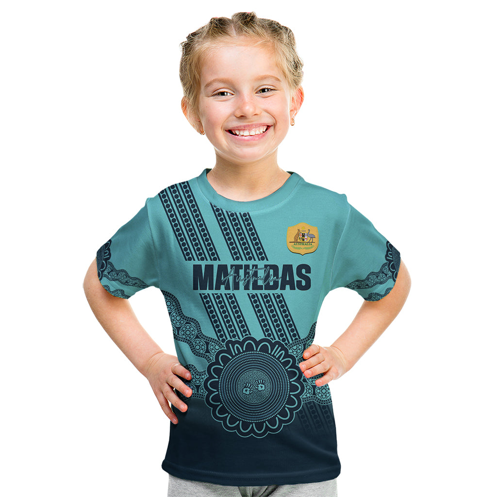 Custom Australia Matildas Kid T Shirt Aussie Aboriginal Turquoise Version