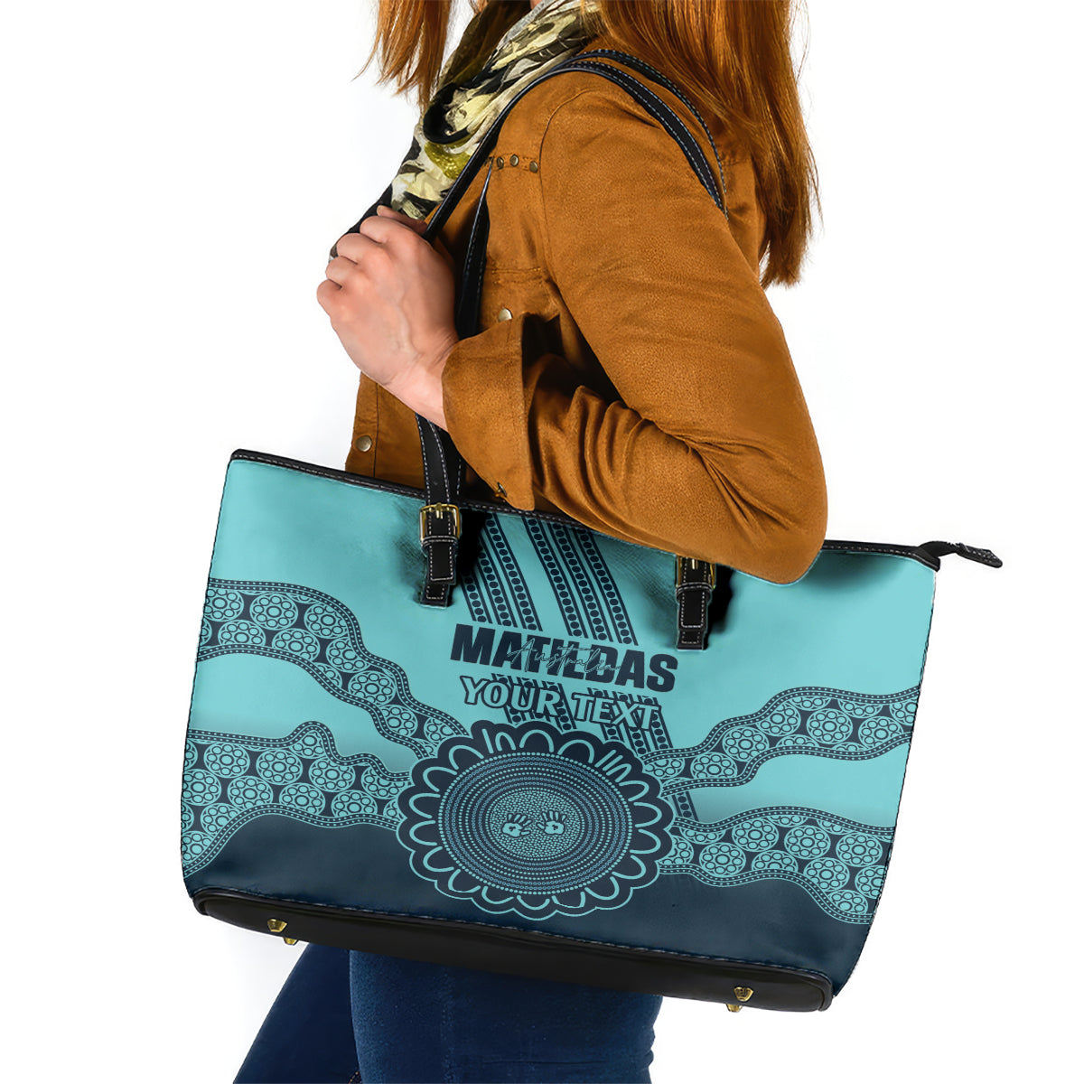 Custom Australia Matildas Leather Tote Bag Aussie Aboriginal Turquoise Version