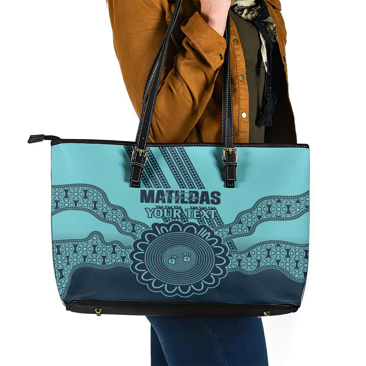 Custom Australia Matildas Leather Tote Bag Aussie Aboriginal Turquoise Version