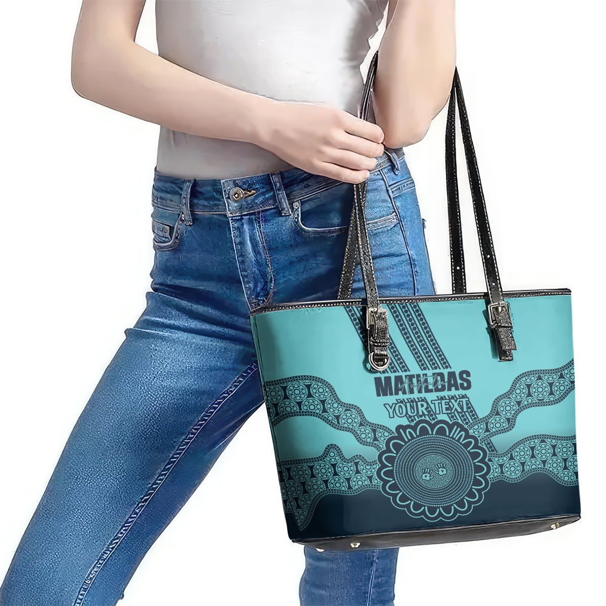 Custom Australia Matildas Leather Tote Bag Aussie Aboriginal Turquoise Version