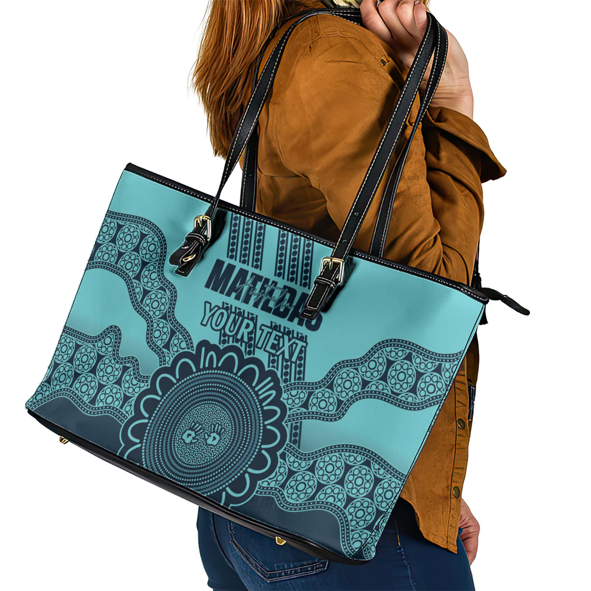 Custom Australia Matildas Leather Tote Bag Aussie Aboriginal Turquoise Version