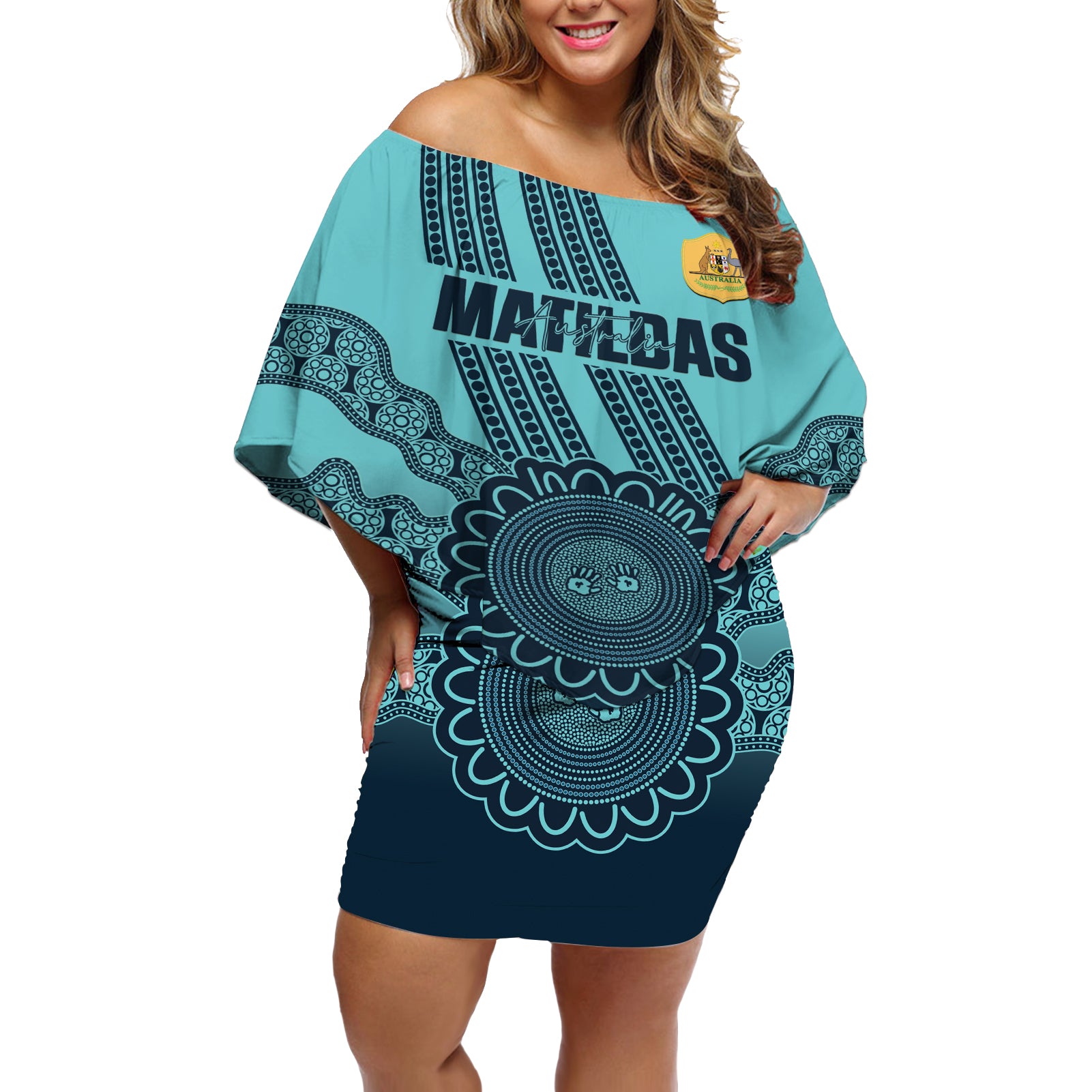 Custom Australia Matildas Off Shoulder Short Dress Aussie Aboriginal Turquoise Version