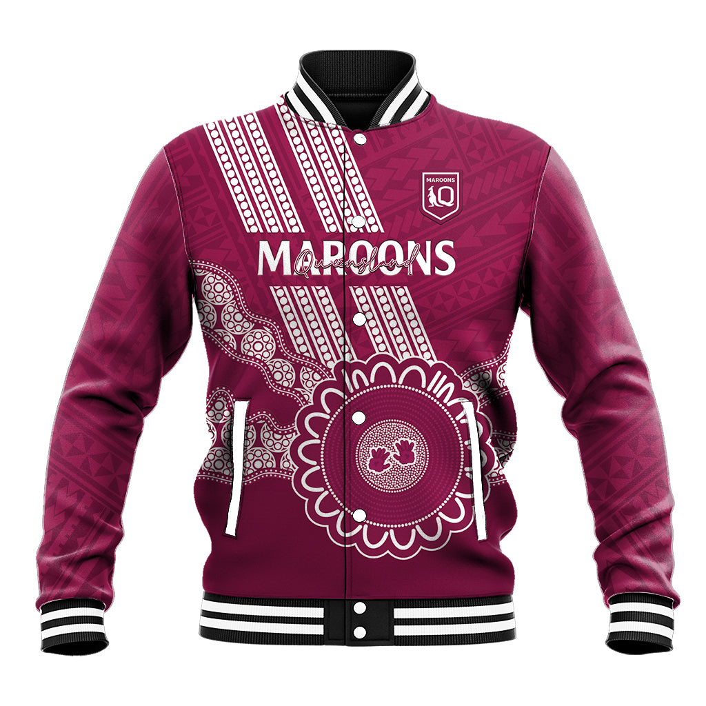 Custom QLD Maroons Rugby Baseball Jacket Aussie Aboriginal Mix Polynesian Pattern