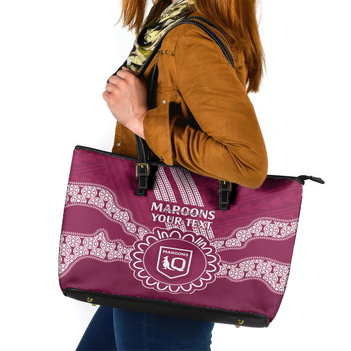 Custom QLD Maroons Rugby Leather Tote Bag Aussie Aboriginal Mix Polynesian Pattern