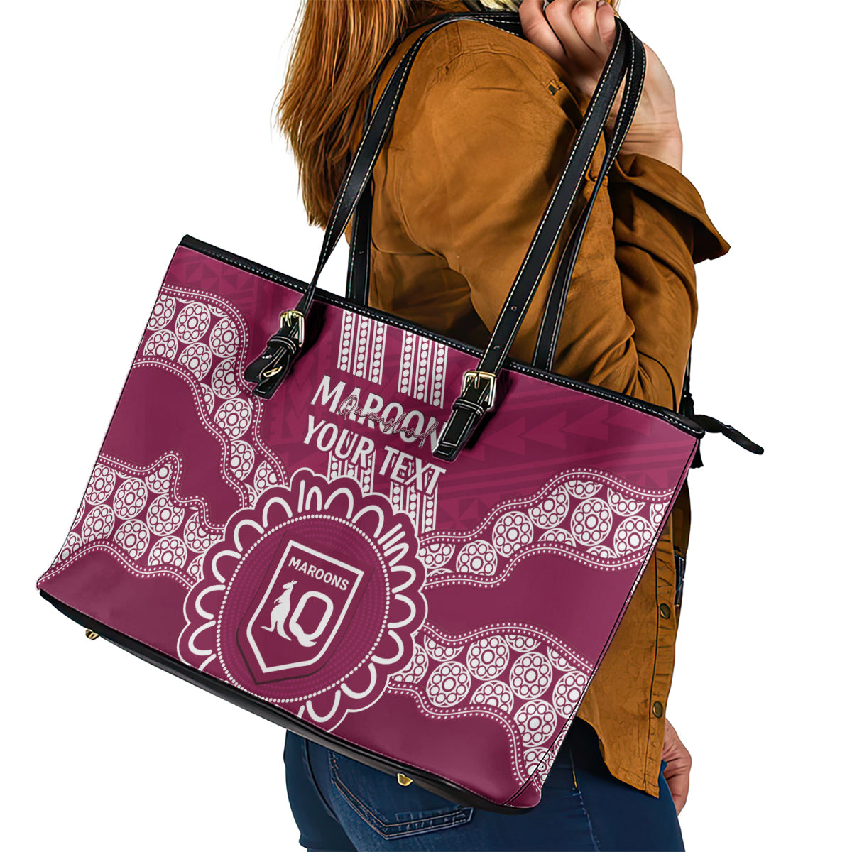 Custom QLD Maroons Rugby Leather Tote Bag Aussie Aboriginal Mix Polynesian Pattern