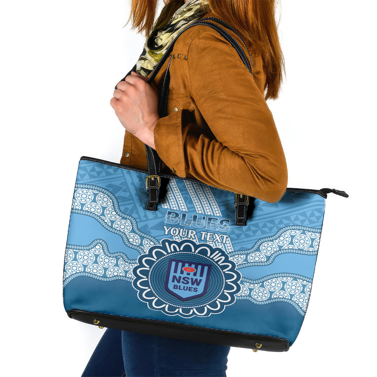 Custom NSW Blues Rugby Leather Tote Bag Aussie Aboriginal Mix Polynesian Pattern