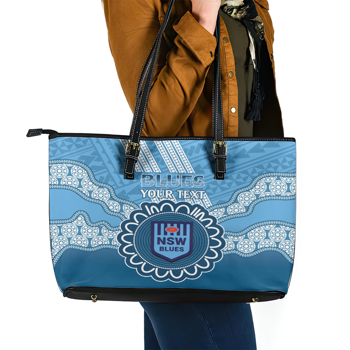 Custom NSW Blues Rugby Leather Tote Bag Aussie Aboriginal Mix Polynesian Pattern