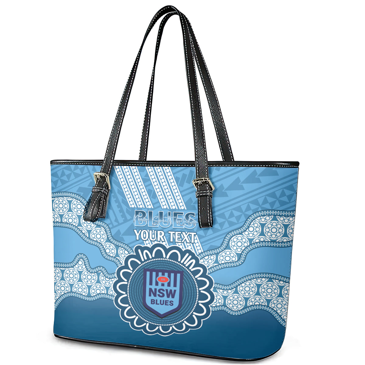 Custom NSW Blues Rugby Leather Tote Bag Aussie Aboriginal Mix Polynesian Pattern