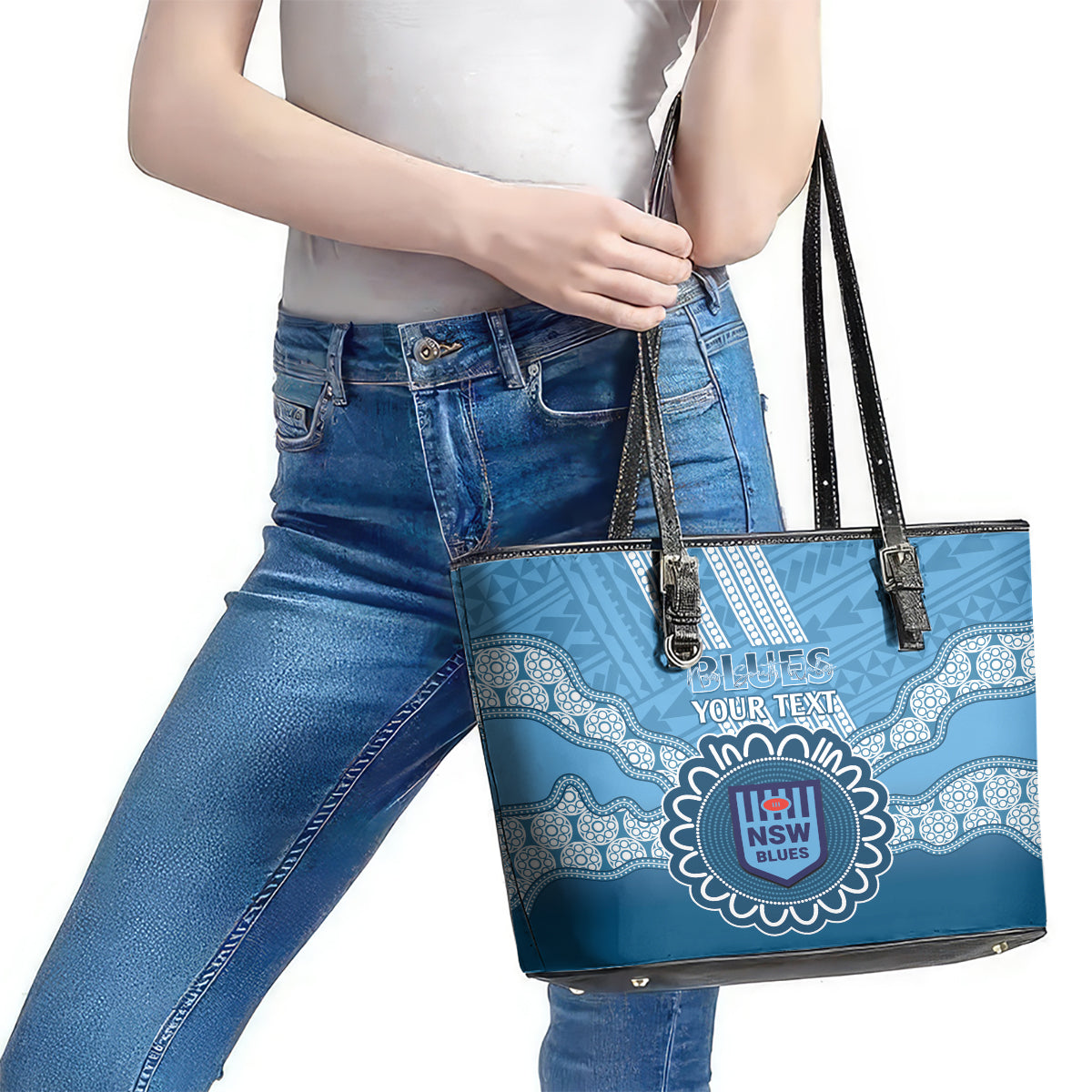 Custom NSW Blues Rugby Leather Tote Bag Aussie Aboriginal Mix Polynesian Pattern