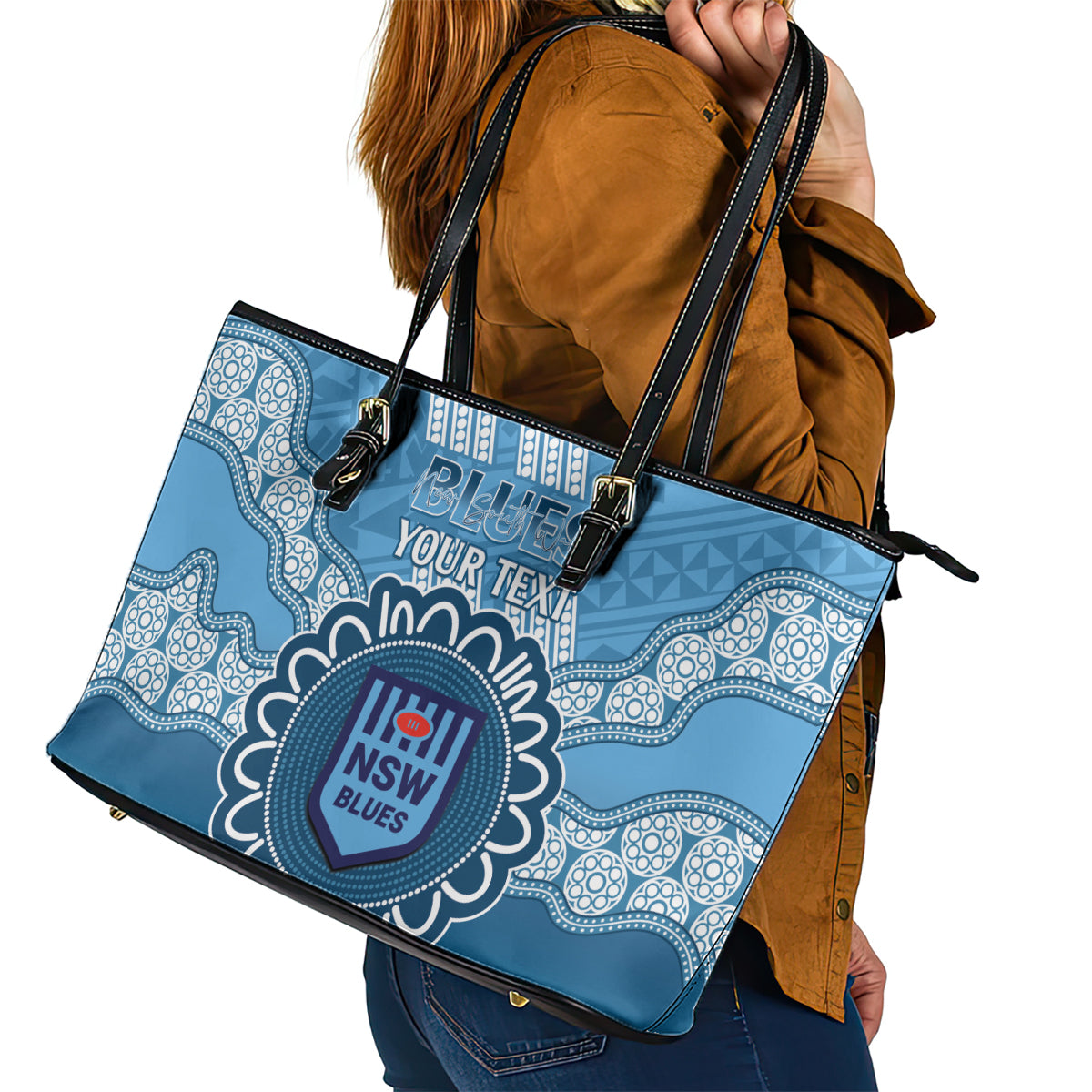 Custom NSW Blues Rugby Leather Tote Bag Aussie Aboriginal Mix Polynesian Pattern