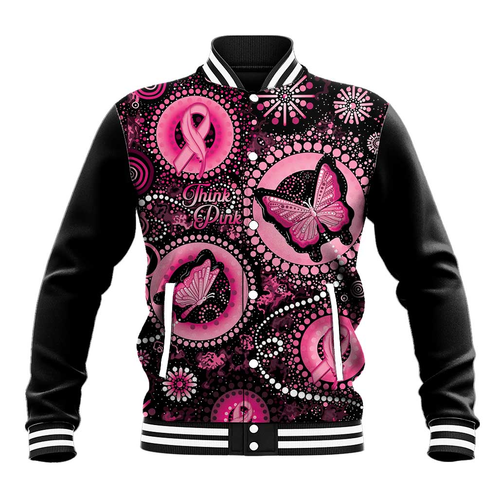 Personalised Australia Indigenous Baseball Jacket Breast Cancer Ribbon Think Pink - Black Version