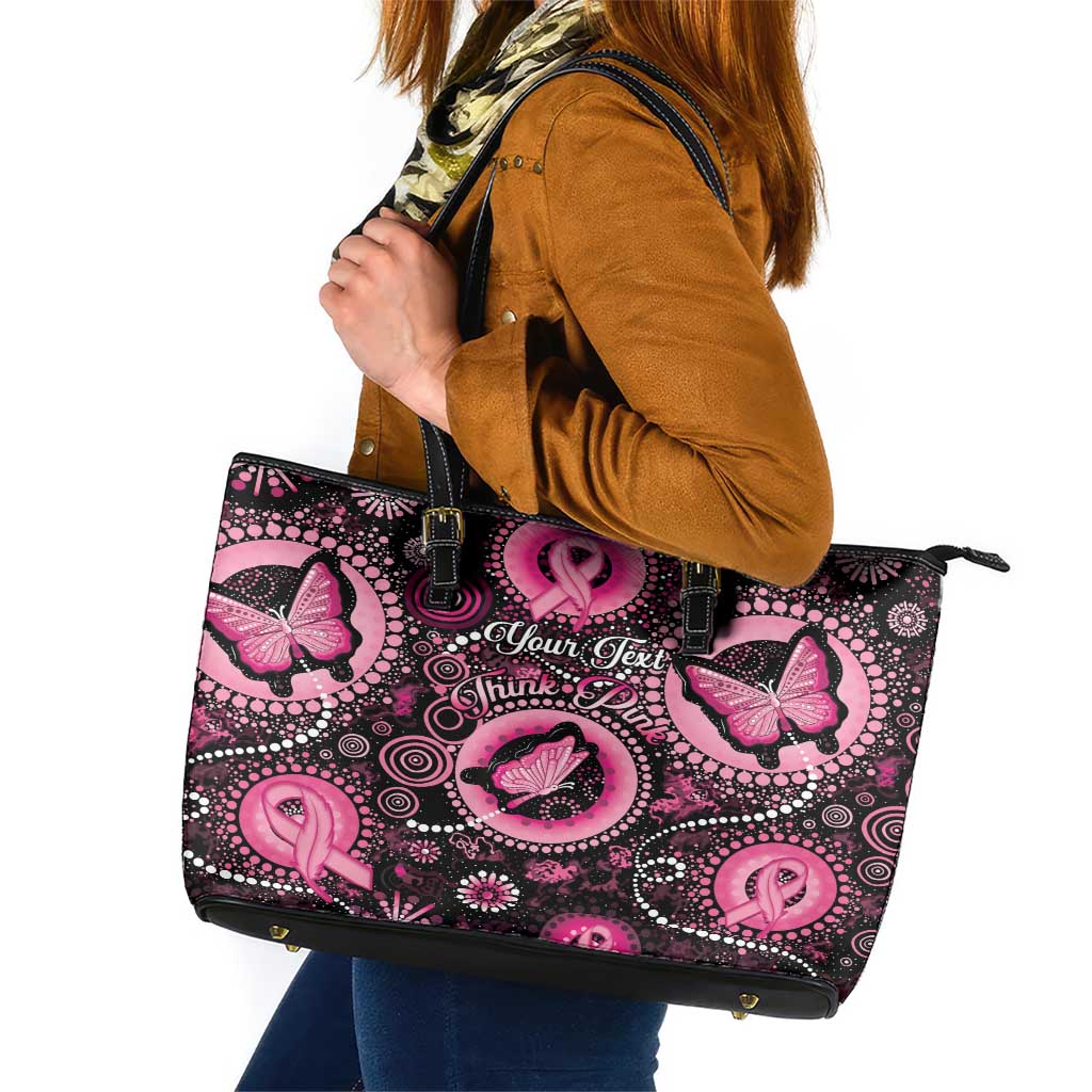 Personalised Australia Indigenous Leather Tote Bag Breast Cancer Ribbon Think Pink - Black Version