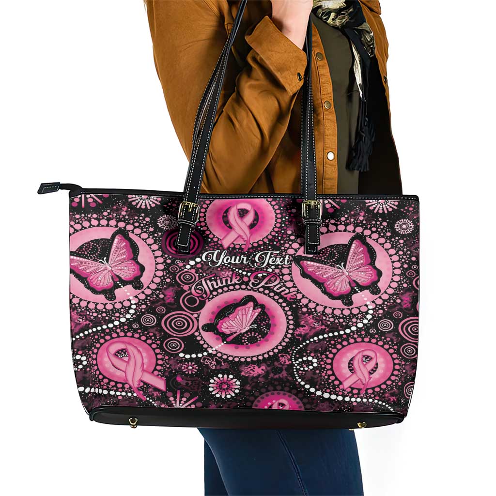 Personalised Australia Indigenous Leather Tote Bag Breast Cancer Ribbon Think Pink - Black Version