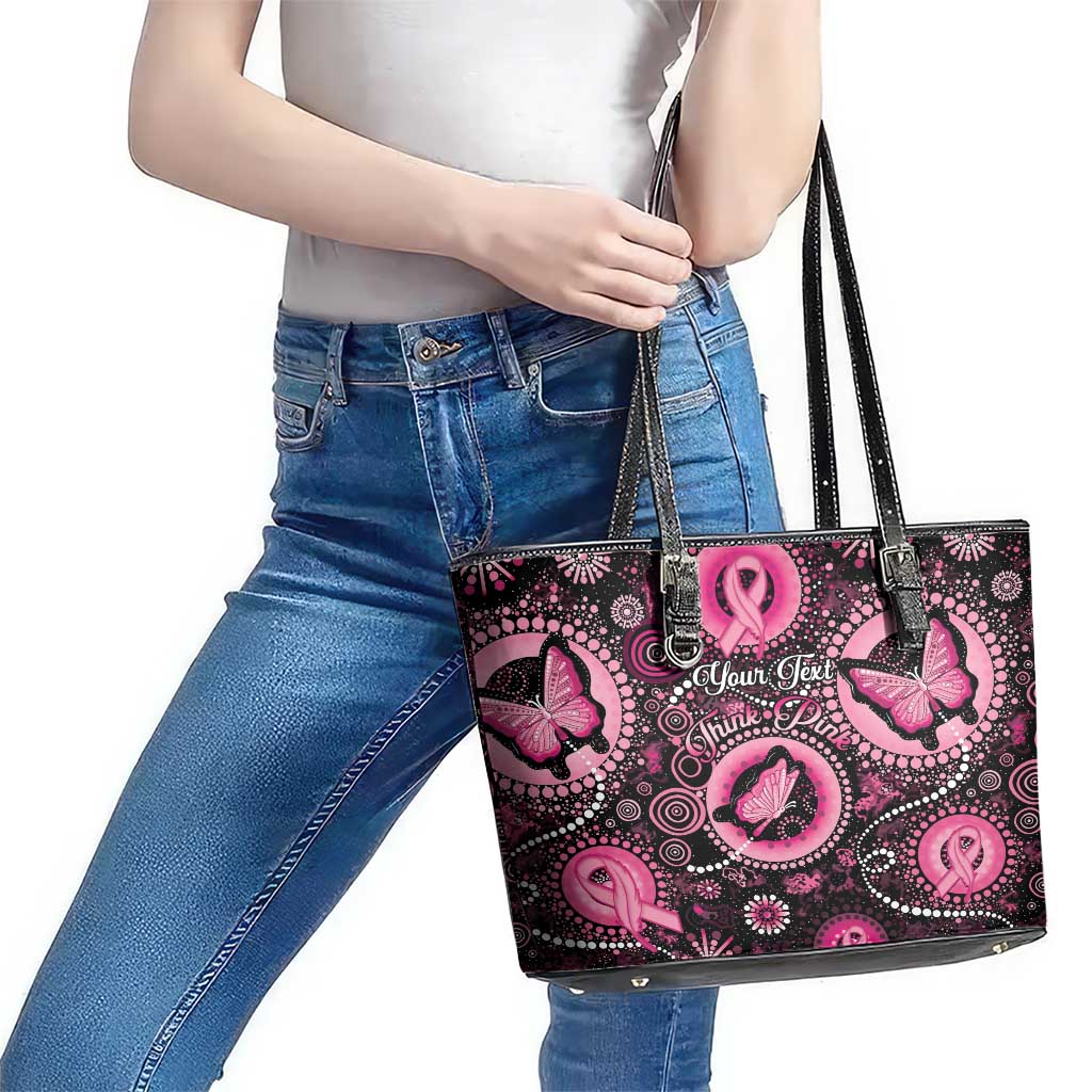 Personalised Australia Indigenous Leather Tote Bag Breast Cancer Ribbon Think Pink - Black Version