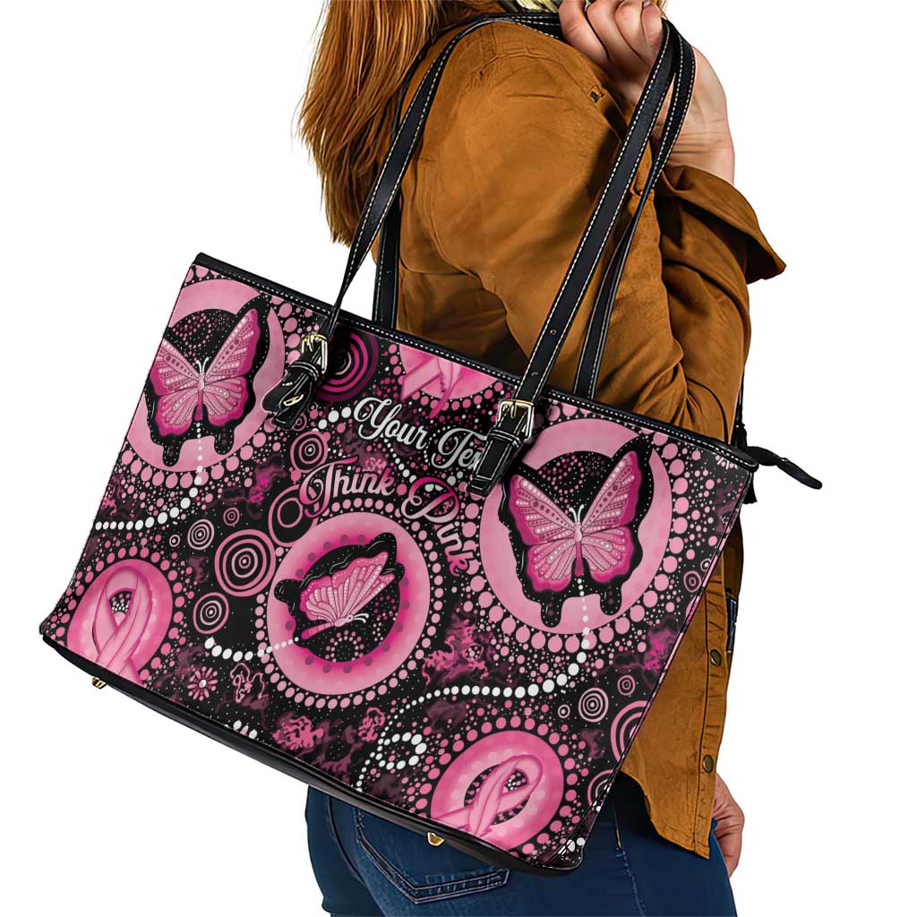 Personalised Australia Indigenous Leather Tote Bag Breast Cancer Ribbon Think Pink - Black Version