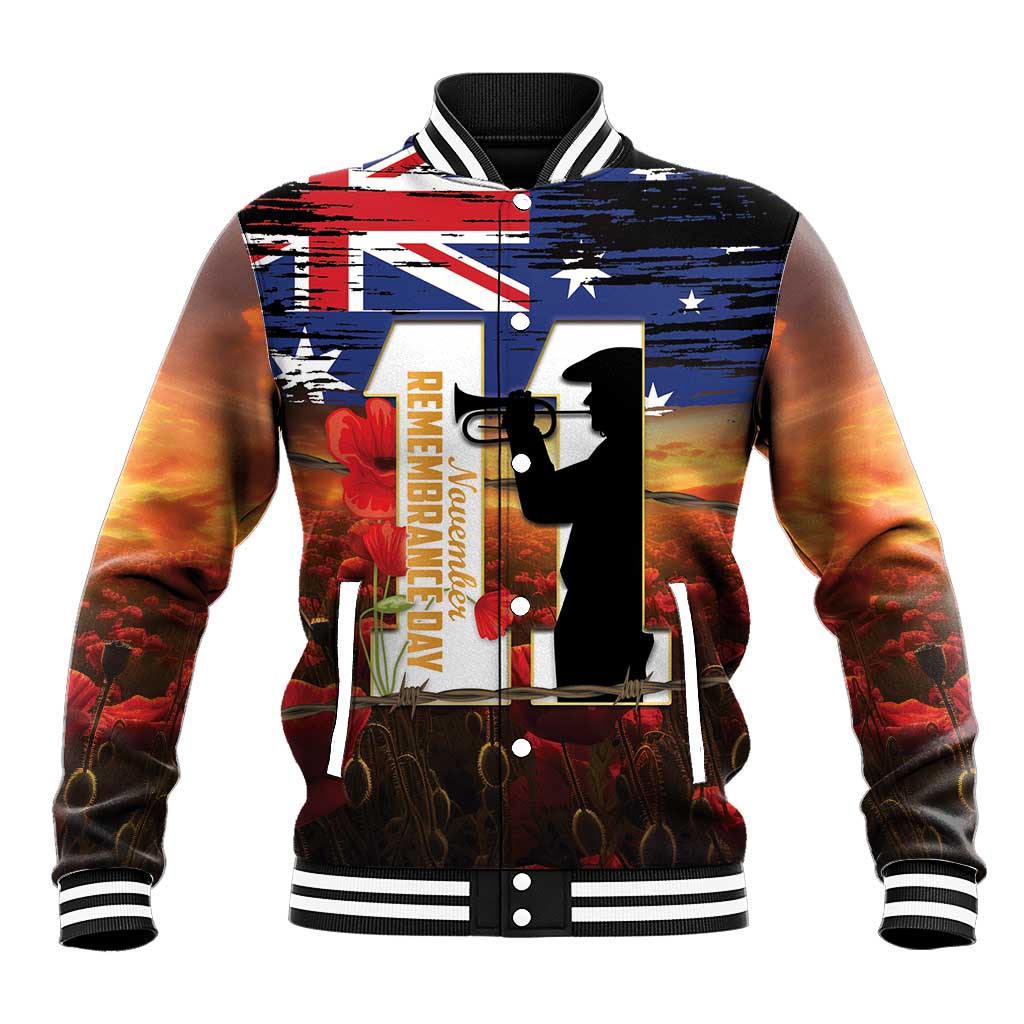 Australia Rememberance Day Baseball Jacket 11 November Poppy Field With Last Post