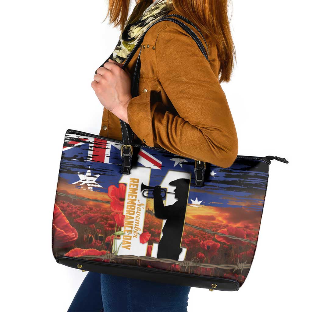 Australia Rememberance Day Leather Tote Bag 11 November Poppy Field With Last Post