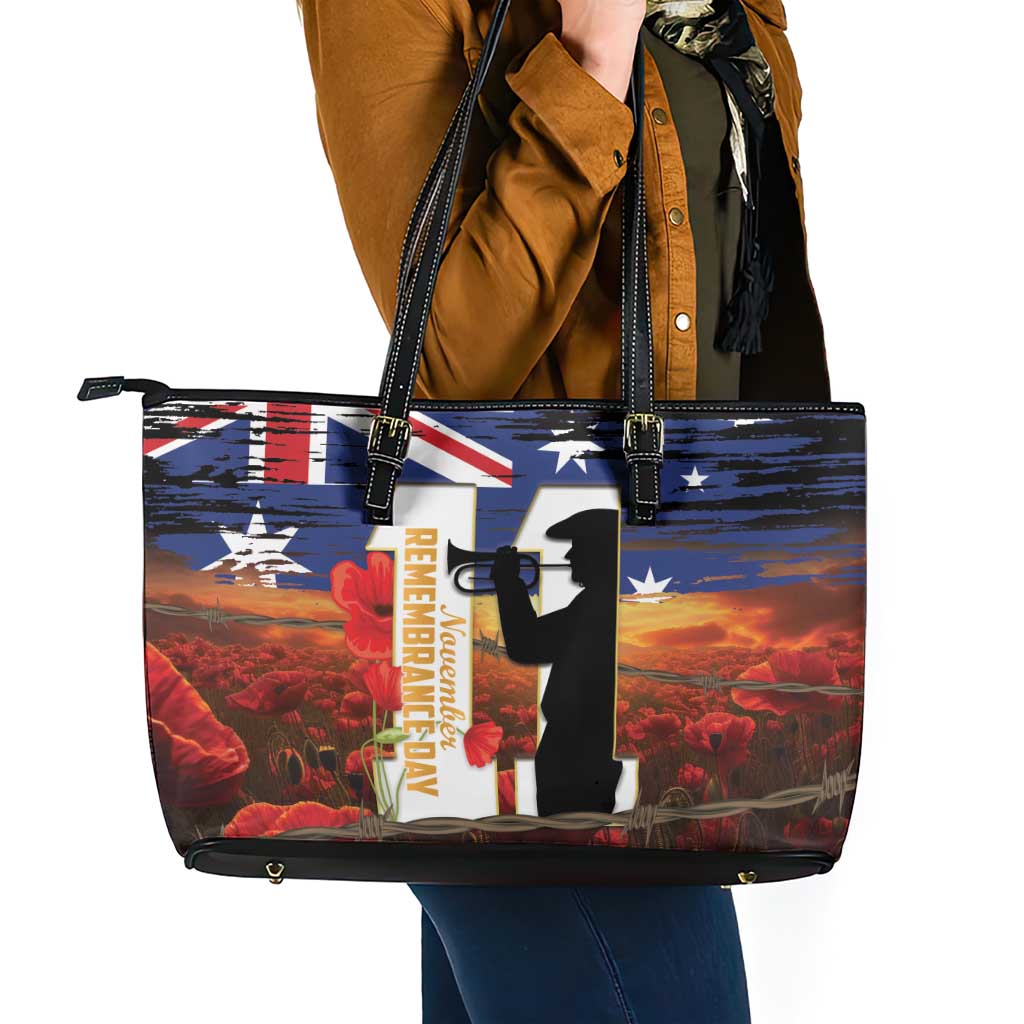 Australia Rememberance Day Leather Tote Bag 11 November Poppy Field With Last Post