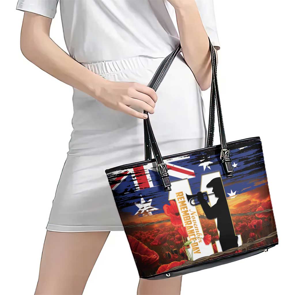 Australia Rememberance Day Leather Tote Bag 11 November Poppy Field With Last Post