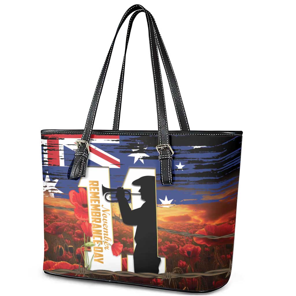 Australia Rememberance Day Leather Tote Bag 11 November Poppy Field With Last Post