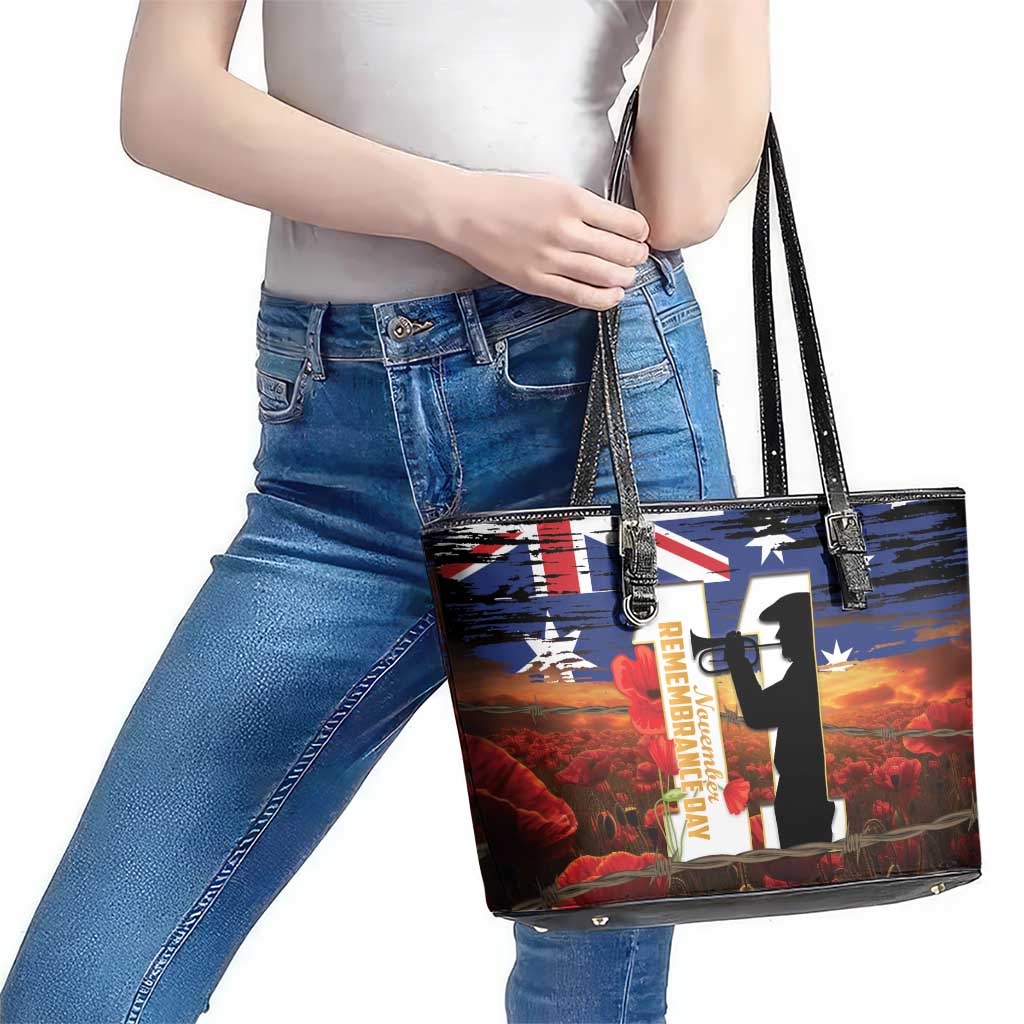 Australia Rememberance Day Leather Tote Bag 11 November Poppy Field With Last Post