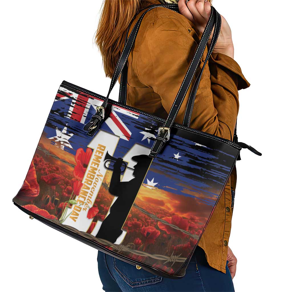 Australia Rememberance Day Leather Tote Bag 11 November Poppy Field With Last Post