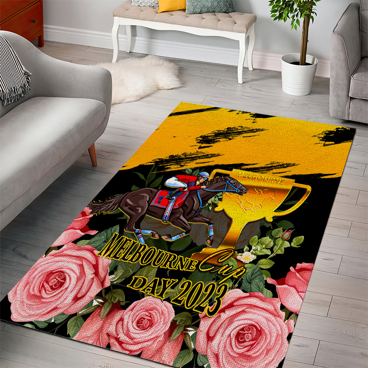 personalised-australia-melbourne-cup-day-area-rug-2023-horse-racing-trophy-with-roses