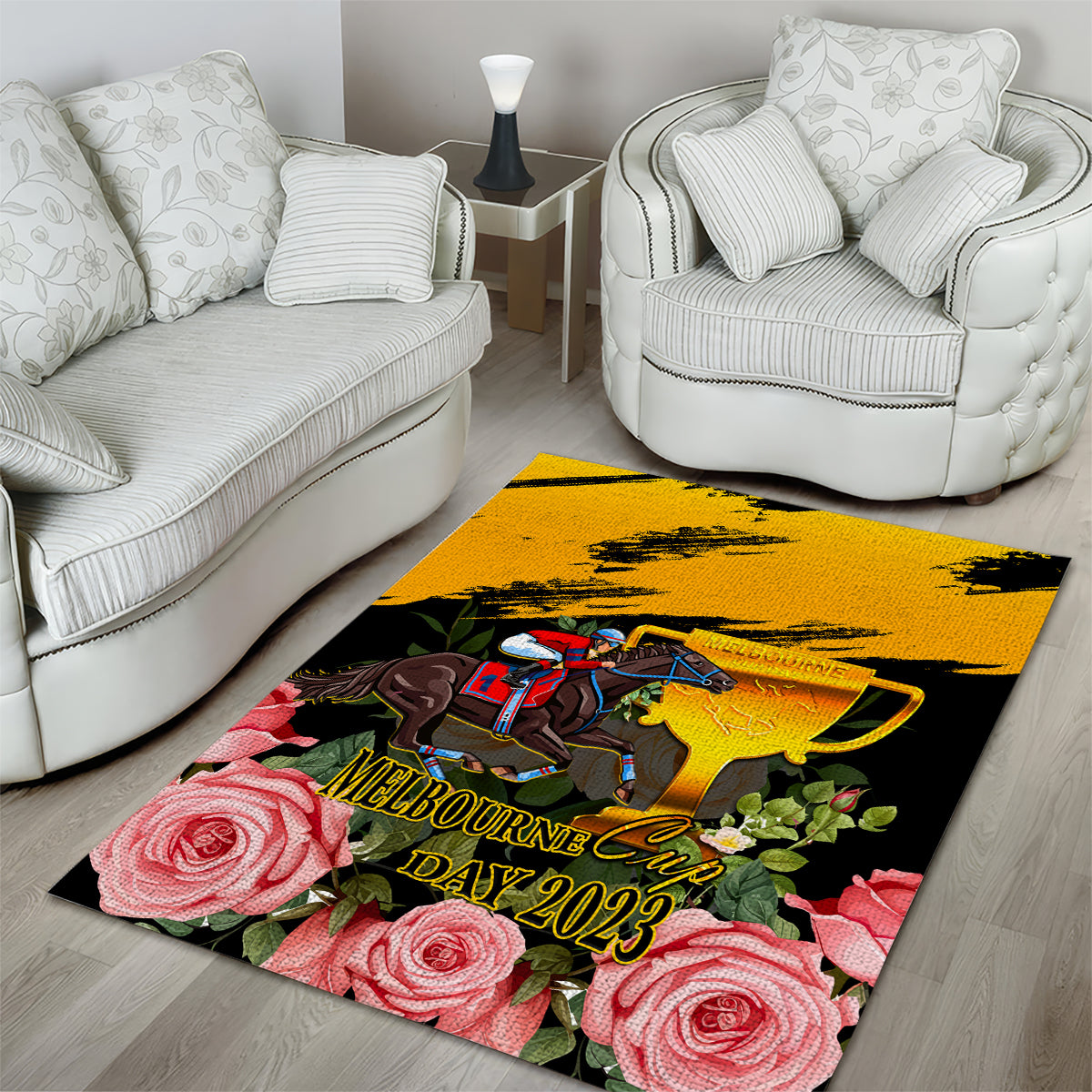 personalised-australia-melbourne-cup-day-area-rug-2023-horse-racing-trophy-with-roses