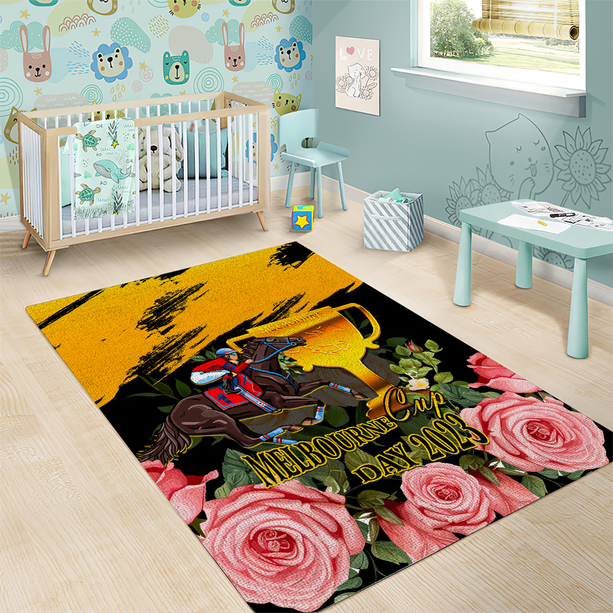 personalised-australia-melbourne-cup-day-area-rug-2023-horse-racing-trophy-with-roses