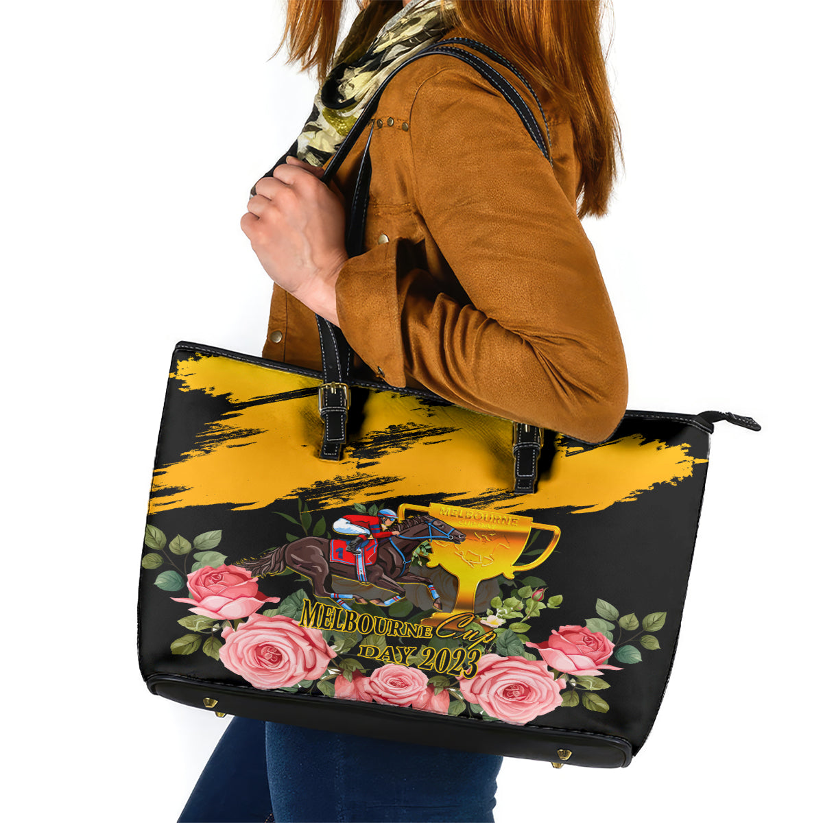 personalised-australia-melbourne-cup-day-leather-tote-bag-2023-horse-racing-trophy-with-roses