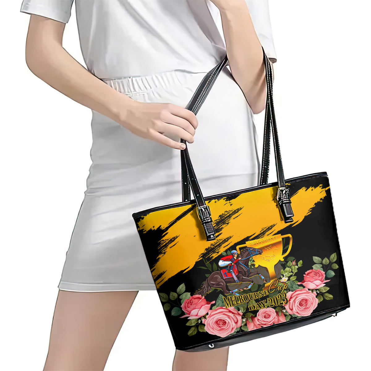 personalised-australia-melbourne-cup-day-leather-tote-bag-2023-horse-racing-trophy-with-roses