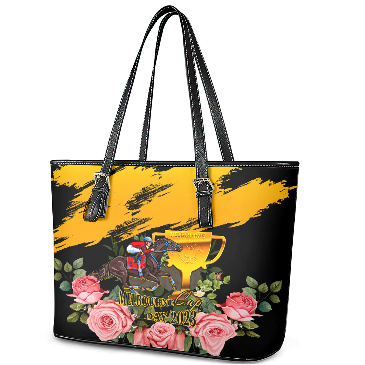 personalised-australia-melbourne-cup-day-leather-tote-bag-2023-horse-racing-trophy-with-roses