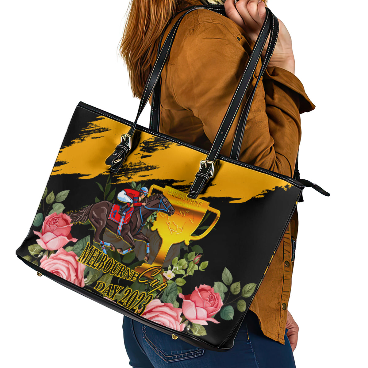 personalised-australia-melbourne-cup-day-leather-tote-bag-2023-horse-racing-trophy-with-roses