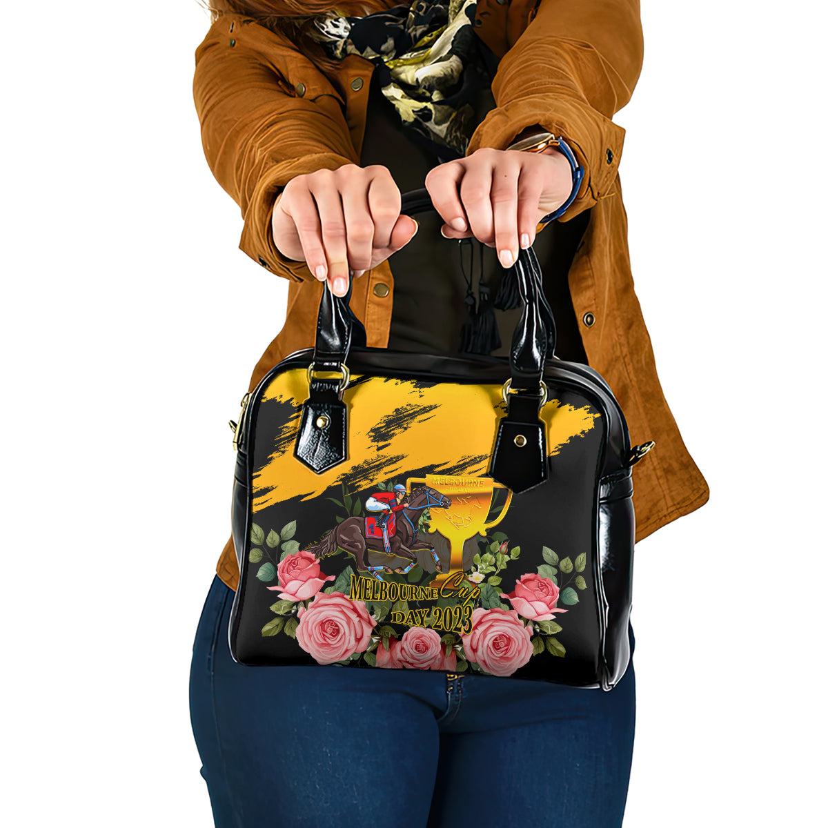 personalised-australia-melbourne-cup-day-shoulder-handbag-2023-horse-racing-trophy-with-roses