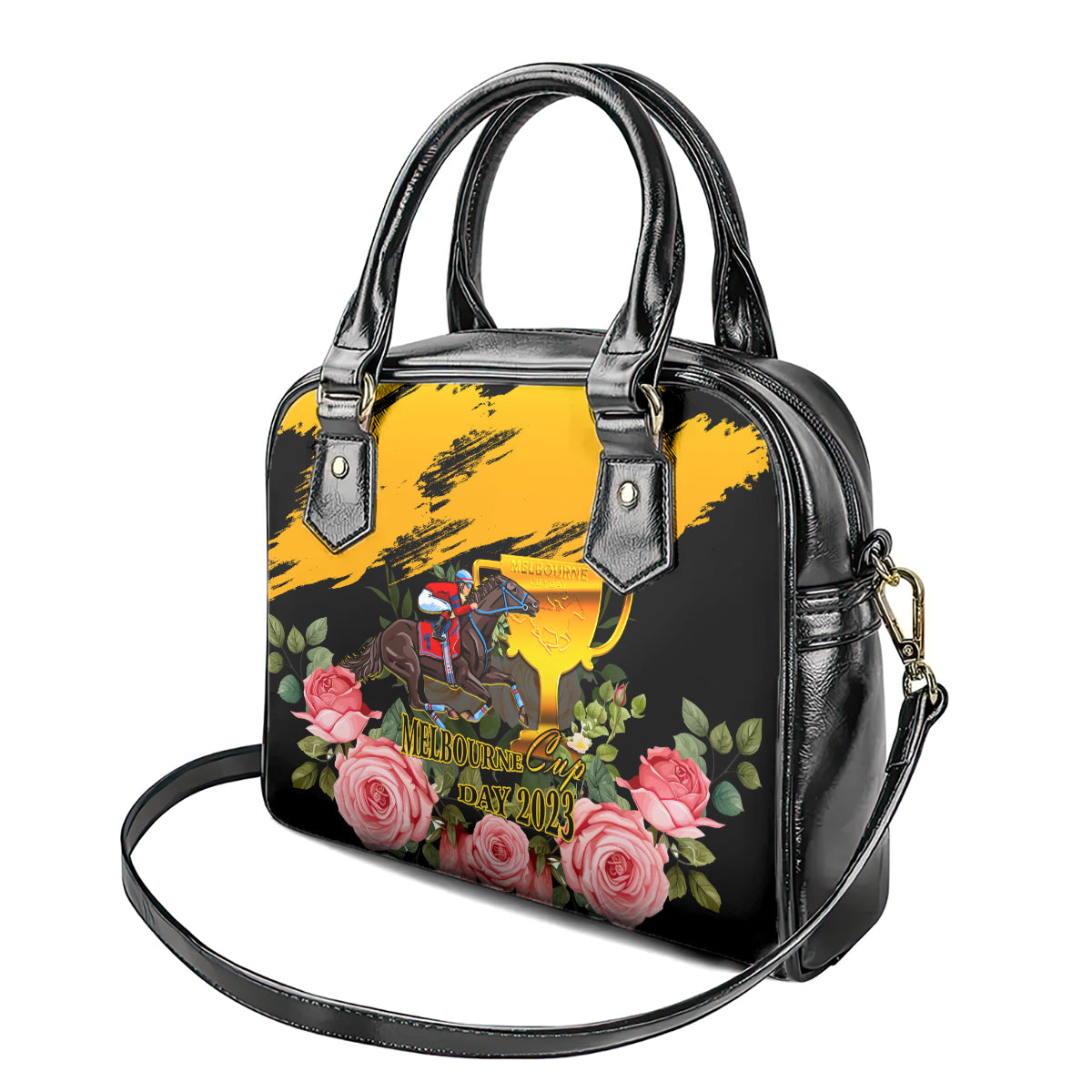 personalised-australia-melbourne-cup-day-shoulder-handbag-2023-horse-racing-trophy-with-roses