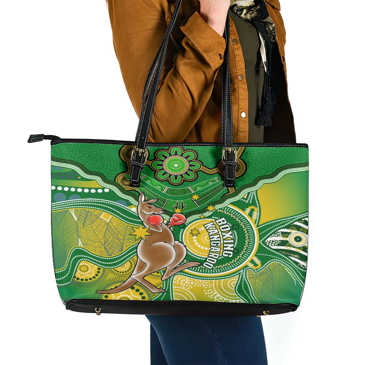 personalised-australia-boxing-kangaroo-leather-tote-bag-aussie-indigenous-art-mix-national-color