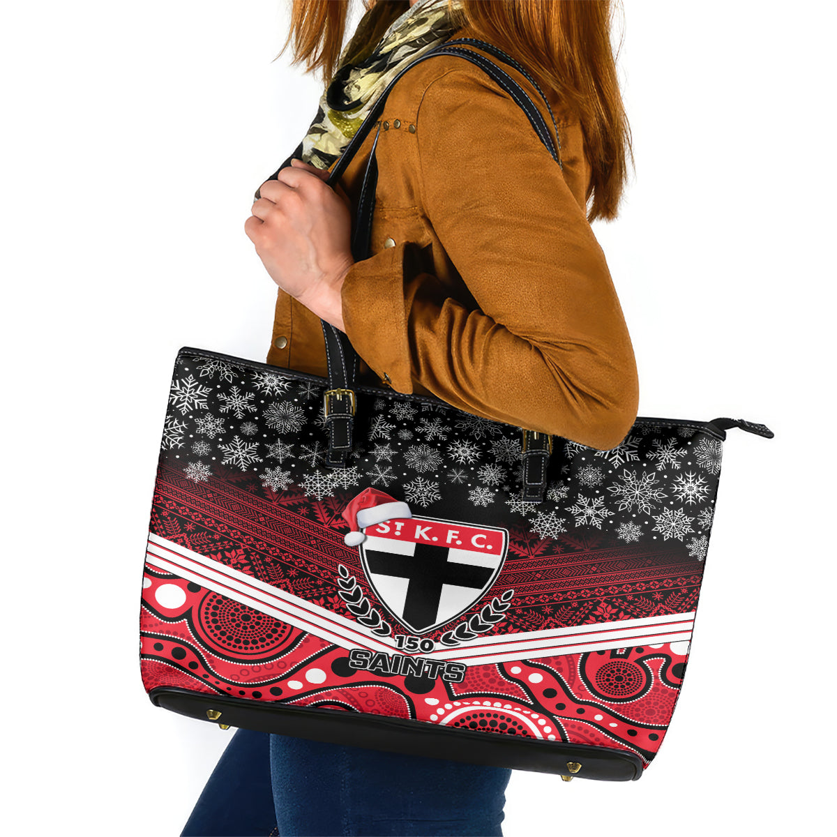 custom-st-kilda-football-christmas-leather-tote-bag-merry-xmas-2023-mix-aboriginal-art