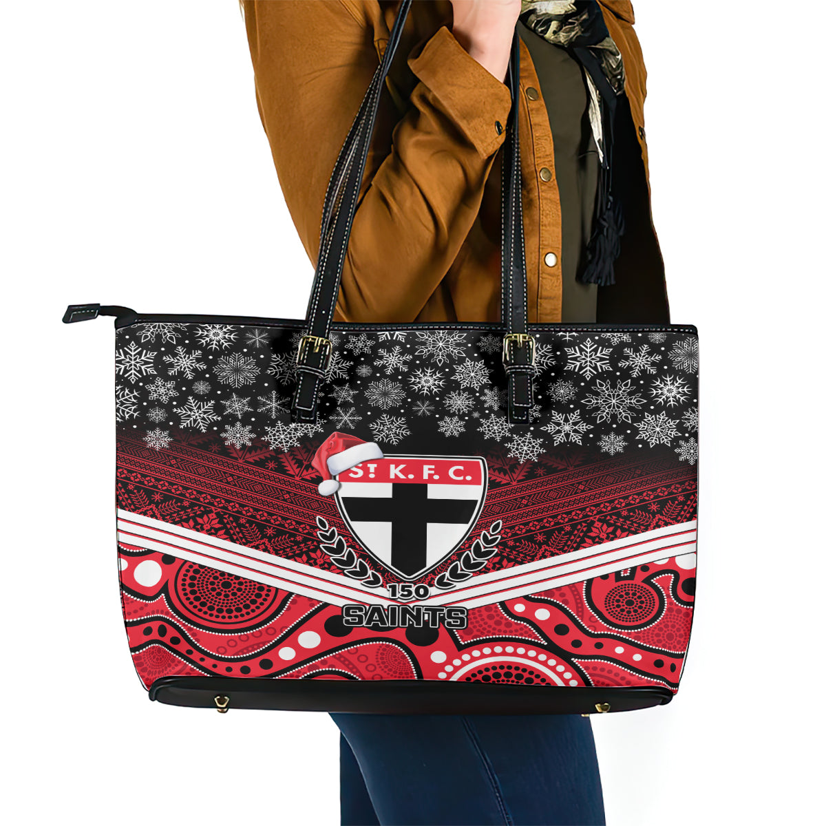 custom-st-kilda-football-christmas-leather-tote-bag-merry-xmas-2023-mix-aboriginal-art